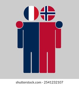 Ilustración plana de dos figuras humanas con banderas de Francia y Noruega como cabezas. Diseño minimalista, fondo aislado.