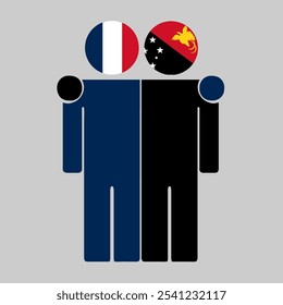 Ilustración plana de dos figuras humanas con banderas de Francia y Papúa Nueva Guinea como cabezas. Diseño minimalista, fondo aislado.