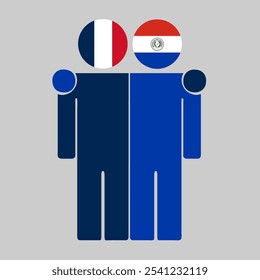 Flat illustration of two human figures with France and Paraguay flags as heads. Minimalistic design, isolated background.