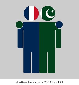 Flat illustration of two human figures with France and Pakistan flags as heads. Minimalistic design, isolated background.