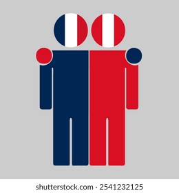 Flat illustration of two human figures with France and Peru flags as heads. Minimalistic design, isolated background.