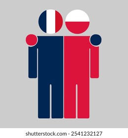 Flat illustration of two human figures with France and Poland flags as heads. Minimalistic design, isolated background.