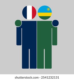 Flat illustration of two human figures with France and Rwanda flags as heads. Minimalistic design, isolated background.