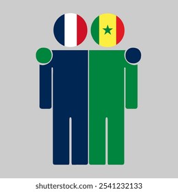 Flat illustration of two human figures with France and Senegal flags as heads. Minimalistic design, isolated background.