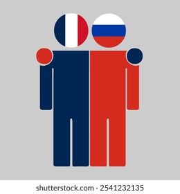 Flat illustration of two human figures with France and Russia flags as heads. Minimalistic design, isolated background.