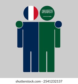 Flat illustration of two human figures with France and Saudi Arabia flags as heads. Minimalistic design, isolated background.