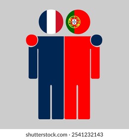 Ilustração plana de duas figuras humanas com bandeiras da França e de Portugal como cabeças. Design minimalista, fundo isolado.