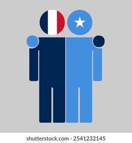 Flat illustration of two human figures with France and Somalia flags as heads. Minimalistic design, isolated background.