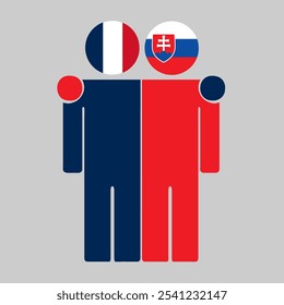 Flat illustration of two human figures with France and Slovakia flags as heads. Minimalistic design, isolated background.