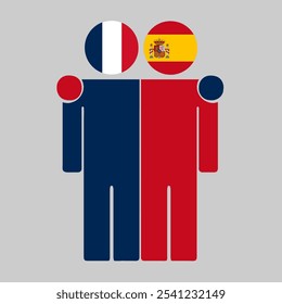 Ilustração plana de duas figuras humanas com bandeiras da França e da Espanha como cabeças. Design minimalista, fundo isolado.