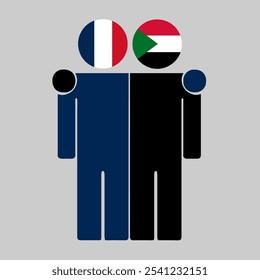 Flat illustration of two human figures with France and Sudan flags as heads. Minimalistic design, isolated background.