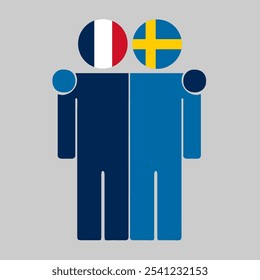 Flat illustration of two human figures with France and Sweden flags as heads. Minimalistic design, isolated background.