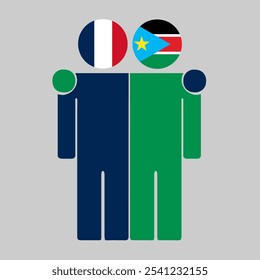 Flat illustration of two human figures with France and South Sudan flags as heads. Minimalistic design, isolated background.