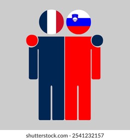 Flat illustration of two human figures with France and Slovenia flags as heads. Minimalistic design, isolated background.