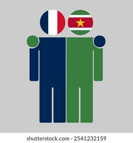 Flat illustration of two human figures with France and Suriname flags as heads. Minimalistic design, isolated background.