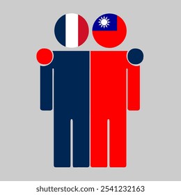 Flat illustration of two human figures with France and Taiwan flags as heads. Minimalistic design, isolated background.