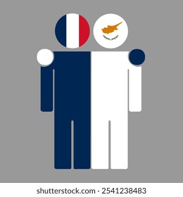 Flat illustration of two human figures with France and Cyprus flags as heads. Minimalistic design, isolated background.