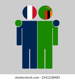 Flat illustration of two human figures with France and Zambia flags as heads. Minimalistic design, isolated background.