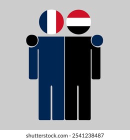 Flat illustration of two human figures with France and Yemen flags as heads. Minimalistic design, isolated background.