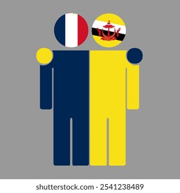 Flat illustration of two human figures with France and Brunei Darussalam flags as heads. Minimalistic design, isolated background.