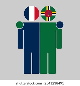 Flat illustration of two human figures with France and Dominica flags as heads. Minimalistic design, isolated background.