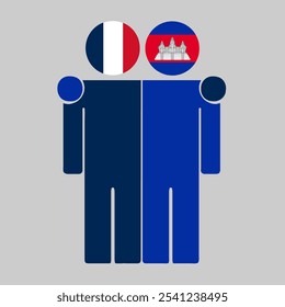 Flat illustration of two human figures with France and Cambodia flags as heads. Minimalistic design, isolated background.