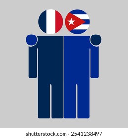 Flat illustration of two human figures with France and Cuba flags as heads. Minimalistic design, isolated background.