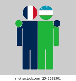 Flat illustration of two human figures with France and Uzbekistan flags as heads. Minimalistic design, isolated background.