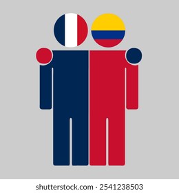 Flat illustration of two human figures with France and Colombia flags as heads. Minimalistic design, isolated background.