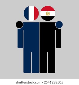 Flat illustration of two human figures with France and Egypt flags as heads. Minimalistic design, isolated background.