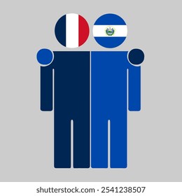 Flat illustration of two human figures with France and El Salvador flags as heads. Minimalistic design, isolated background.