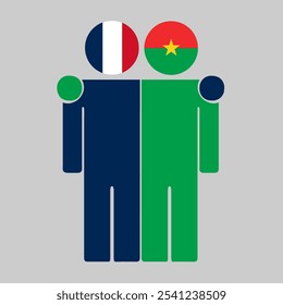 Flat illustration of two human figures with France and Burkina Faso flags as heads. Minimalistic design, isolated background.