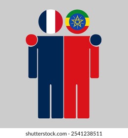 Flat illustration of two human figures with France and Ethiopia flags as heads. Minimalistic design, isolated background.