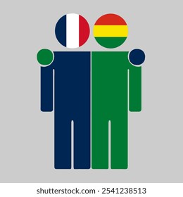 Ilustração plana de duas figuras humanas com bandeiras da França e da Bolívia como cabeças. Design minimalista, fundo isolado.