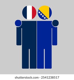 Flat illustration of two human figures with France, Bosnia and Herzegovina flags as heads. Minimalistic design, isolated background.