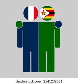 Flat illustration of two human figures with France and Zimbabwe flags as heads. Minimalistic design, isolated background.