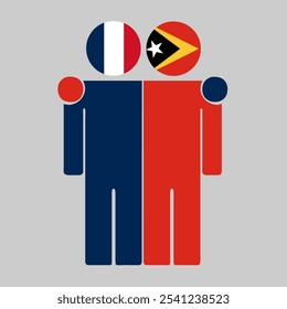 Flat illustration of two human figures with France and East Timor flags as heads. Minimalistic design, isolated background.