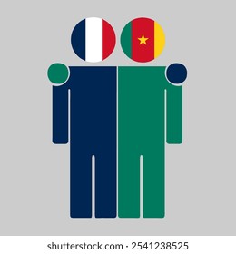 Flat illustration of two human figures with France and Cameroon flags as heads. Minimalistic design, isolated background.