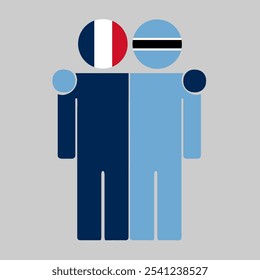 Flat illustration of two human figures with France and Botswana flags as heads. Minimalistic design, isolated background.