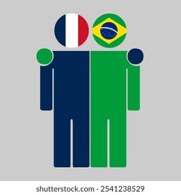 Flat illustration of two human figures with France and Brazil flags as heads. Minimalistic design, isolated background.