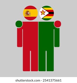 Flat illustration of two human figures with Spain and Zimbabwe flags as heads. Minimalistic design, isolated background.