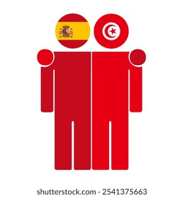 Flat illustration of two human figures with Spain and Tunisia flags as heads. Minimalistic design, isolated background.