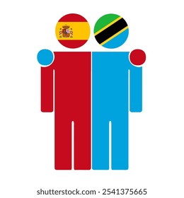 Flat illustration of two human figures with Spain and Tanzania flags as heads. Minimalistic design, isolated background.