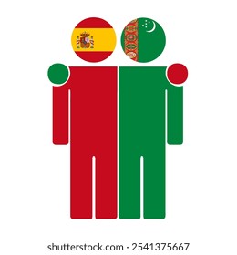 Ilustração plana de duas figuras humanas com bandeiras da Espanha e do Turcomenistão como cabeças. Design minimalista, fundo isolado.