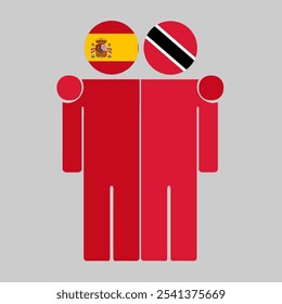 Flat illustration of two human figures with Spain, Trinidad and Tobago flags as heads. Minimalistic design, isolated background.