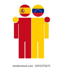 Flat illustration of two human figures with Spain and Venezuela flags as heads. Minimalistic design, isolated background.