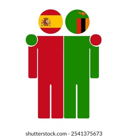 Flat illustration of two human figures with Spain and Zambia flags as heads. Minimalistic design, isolated background.