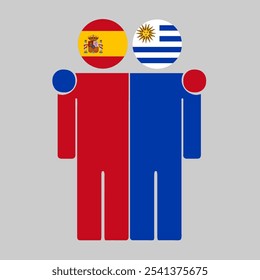 Flat illustration of two human figures with Spain and Uruguay flags as heads. Minimalistic design, isolated background.