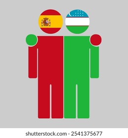 Flat illustration of two human figures with Spain and Uzbekistan flags as heads. Minimalistic design, isolated background.