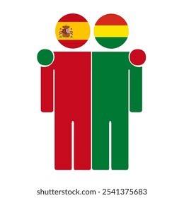 Flat illustration of two human figures with Spain and Bolivia flags as heads. Minimalistic design, isolated background.